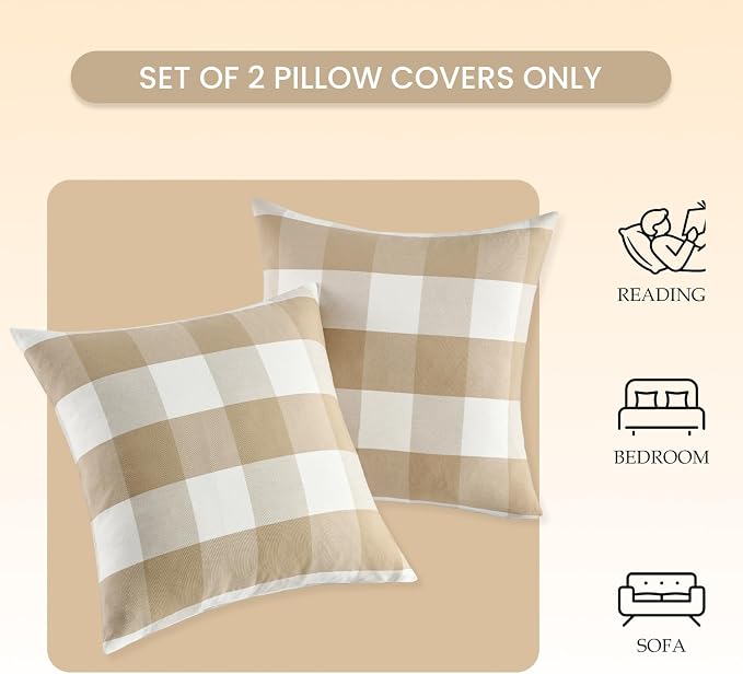 CARRIE HOME Brown Buffalo Check Plaid Couch Pillow Covers 18x18 Set of 2, Neutral Modern Farmhouse Dark Brown Khaki Tan Throw Pillows 18 x 18 for Living Room Sofa (No Pillow Inserts)