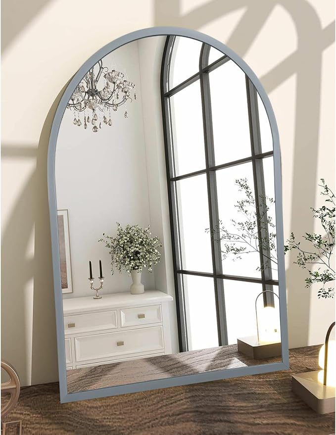 Arch Wall Mirror Bathroom Mirror Metal Framed Mirrors, Arched Wall Mounted Vanity Mirror for Bedroom Entryway Living Room 26"x18" Gray