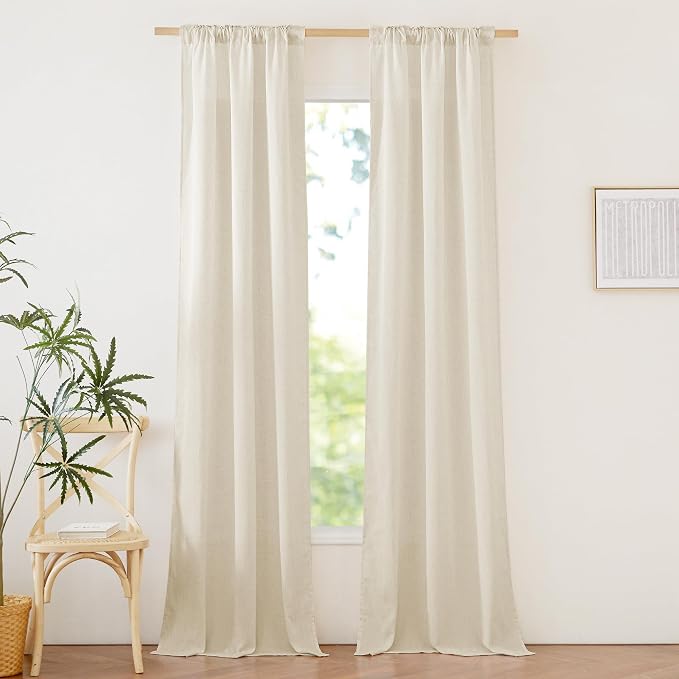 NICETOWN Thick Flax Linen Curtains 96 inches Long, Rod Pocket & Back Tab Privacy Added with Light Filtering Window Treatments for Bedroom/Living Room, Natural, W34 x L96, 2 Panels