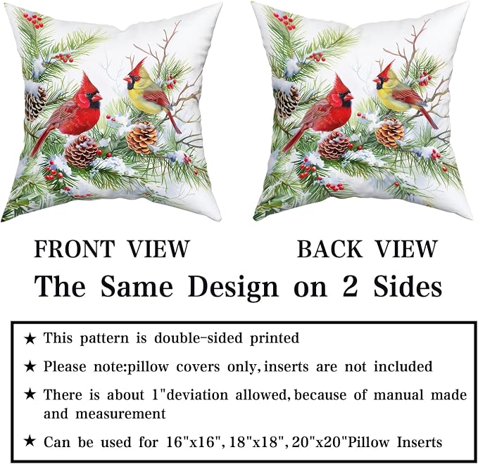 Giwawa Winter Birds Pillow Covers Set of 2 20x20 Inch Christmas Trees Holly Berry Pine Cones Xmas Snow Scene Square Cushion Cases Double Sided for Sofa Patio Porch Holiday Bed Decor