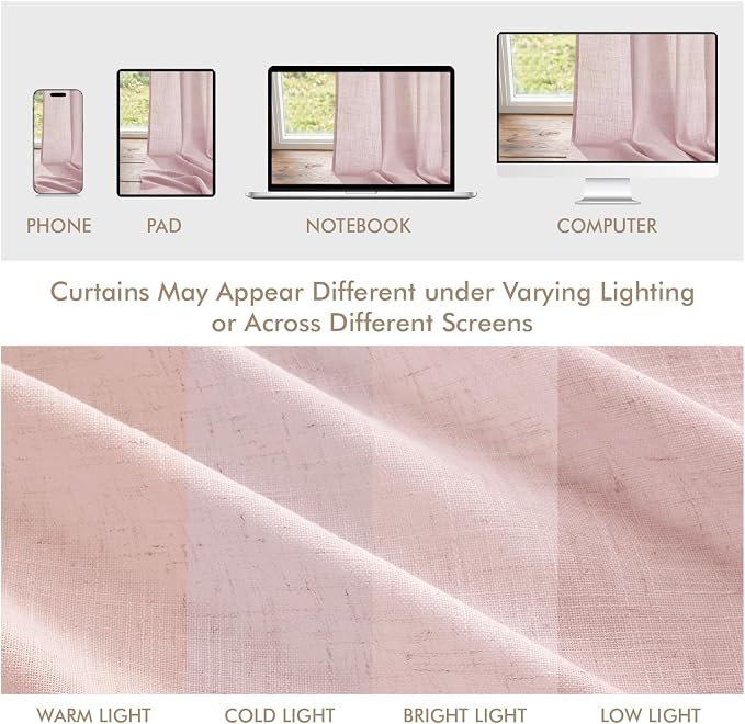 MIULEE Pink Back Tab Linen Curtains 4 Panels 42W x 102L | Linen material, light filtering, rod pocket back tab hanging, farmhouse decor for living room bedroom