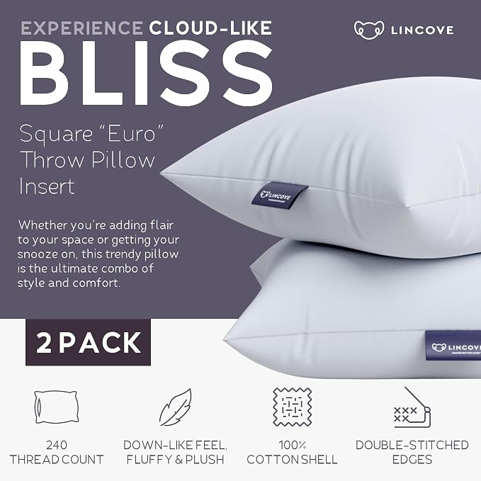 Lincove Euro Throw Pillow Insert Square 18"x18" Pillow – Made in Canada, 100% Cotton Shell, Down Alternative Filling, Vegan-Friendly, Hypoallergenic - Decorative Couch Pillows, 2 Pack
