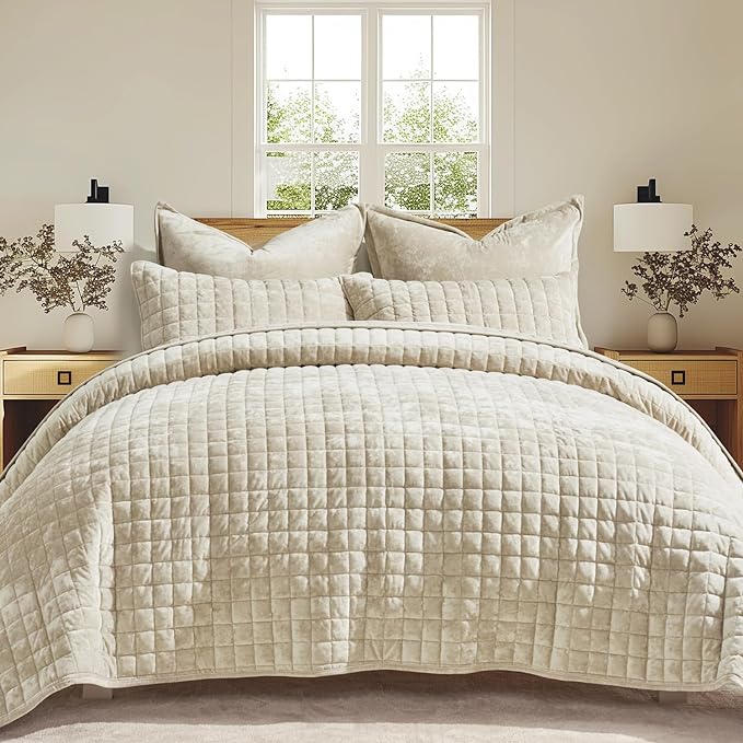 RECYCO Channel Box Stitch Velvet Quilt Set, King Size, Beige | Ultra Soft Lightweight Velvet Comforter, Luxury Oversized Bedspread Coverlet, Quilted Bedding Set for All Season with 2 Shams