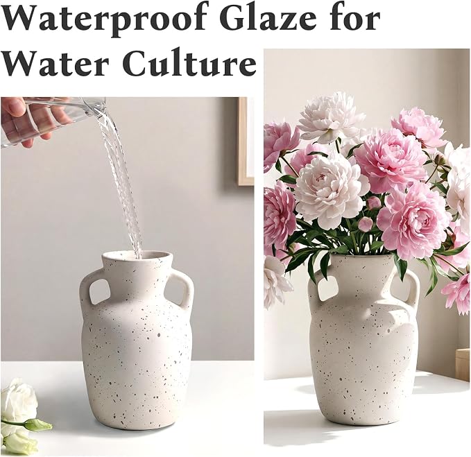 Ceramic Flower Vase with Handles, Tall White Vase, Large Decorative Terracotta Vases, Farmhouse Rustic Pottery Vases for Home Decor, Living Room