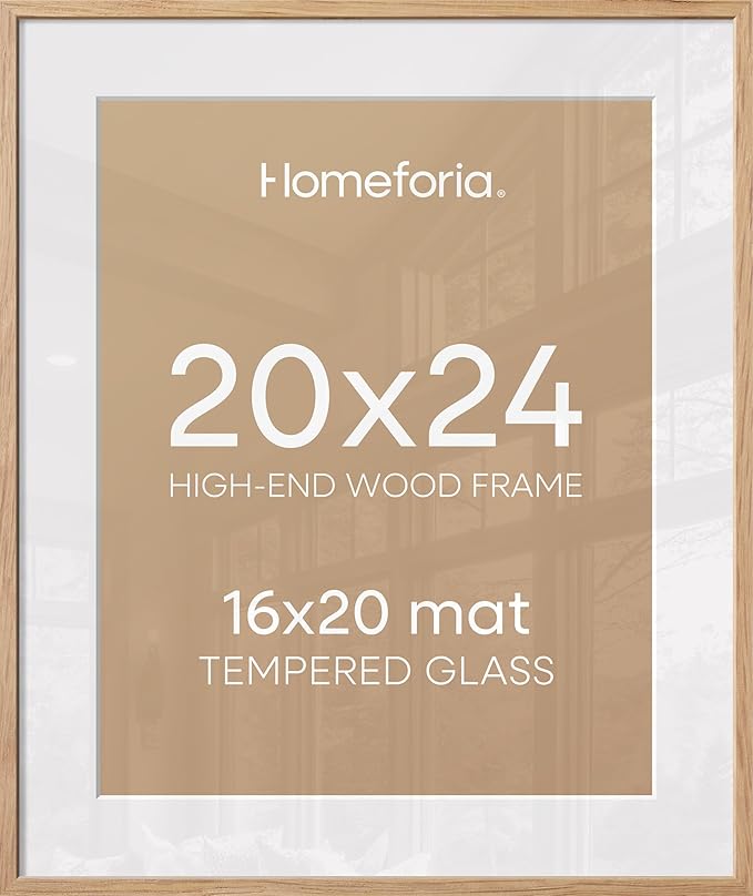 Homeforia 20x24 Natural Oak Picture Frame, High-End Wood, 16x20 Mat, Glass