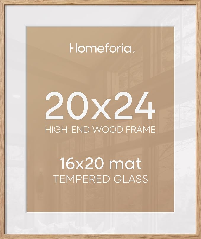 Homeforia 20x24 Natural Oak Picture Frame, High-End Wood, 16x20 Mat, Glass