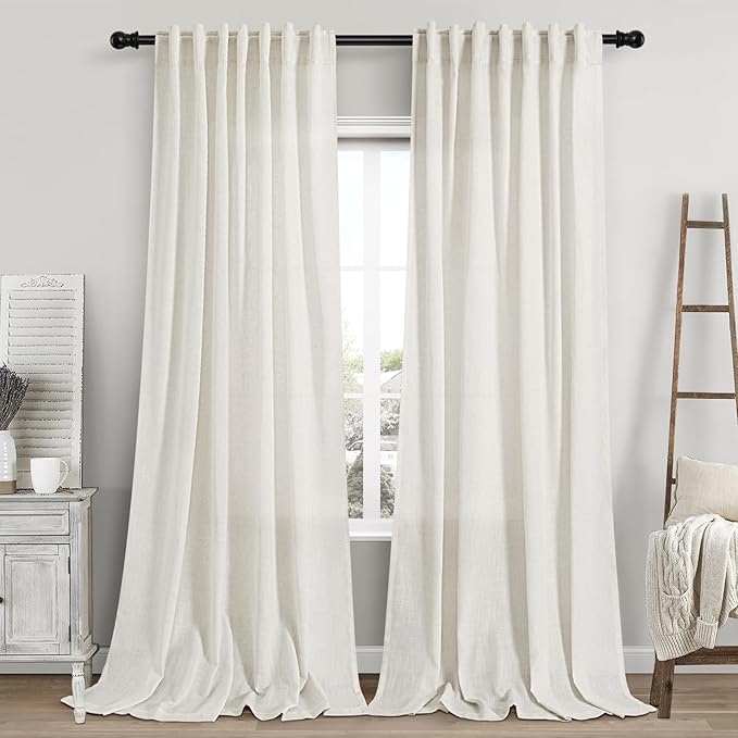Extra Long Curtains 2 Panels 104 Inches Long for Dinning Room Cream Back Tab Rod Pocket Light Filtering Semi Sheer Drapes Cotton Linen Textured Window Curtain for Bedroom 52x104