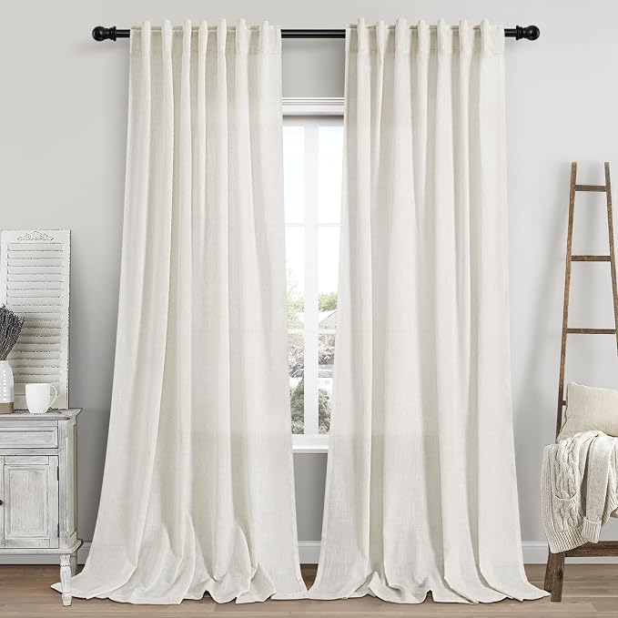 Extra Long Curtains 2 Panels 116 Inches Long for Dinning Room Cream Back Tab Rod Pocket Light Filtering Semi Sheer Drapes Cotton Linen Textured Window Curtain for Bedroom 52x116