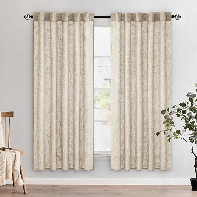 MIULEE Beige Linen Curtains 52x72 Inch 2 Panels for Bedroom Living Room | Length, Soft Linen Textured Window Drapes, Semi Sheer Light Filtering, Back Tab Rod Pocket,Farmhouse Modern Burlap Look Decor
