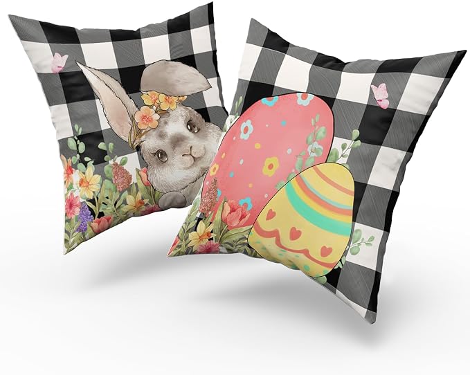 Giwawa Easter Pillow Covers 20x20 Inch, Easter Bunny Eggs Throw Pillowcases with Black White Buffalo Plaids, Cute Rabbit Spring Flower Cotton Cushion Cover for Sofa Couch Bedding Decor, Set of 2