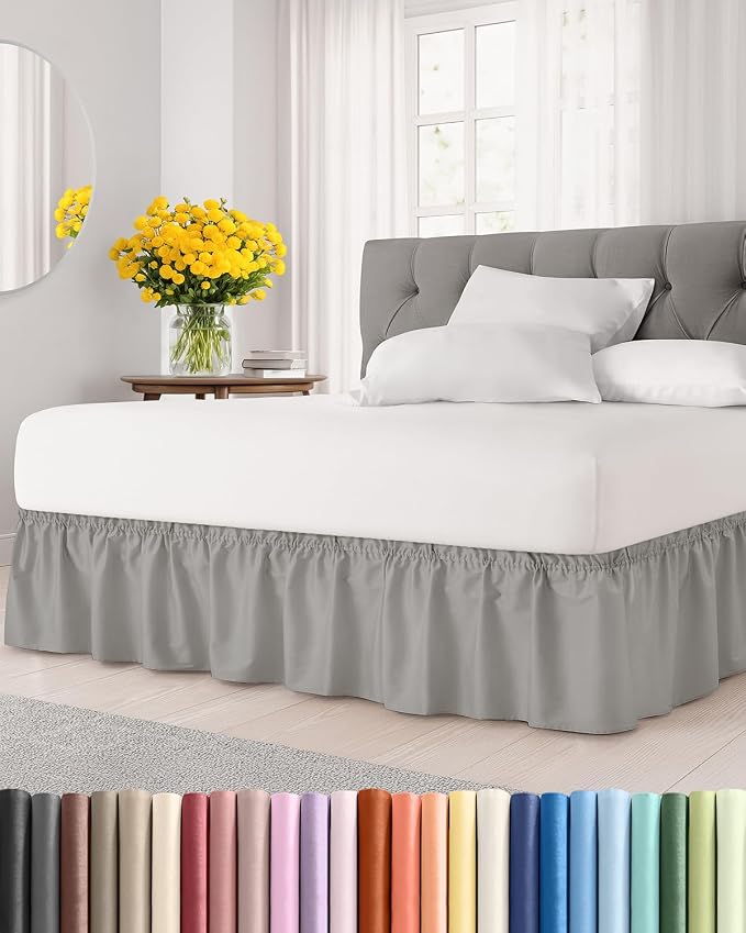Wrap Around Dust Ruffle Bed Skirt, Full Size - 15 Inch Drop, Light Grey | Easy Fit Elastic Strap, Adjustable Pleated Bedskirt w/Brushed Fabric, Wrinkle & Fade Free, for Women, Men, Kids & Teens