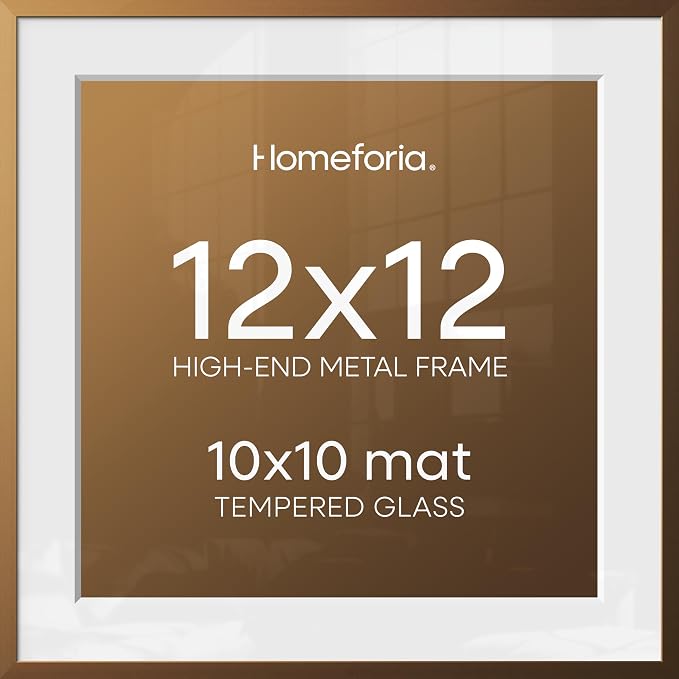 Homeforia 12x12 Bronze Picture Frame, High-End Metal, 10x10 Mat, Glass
