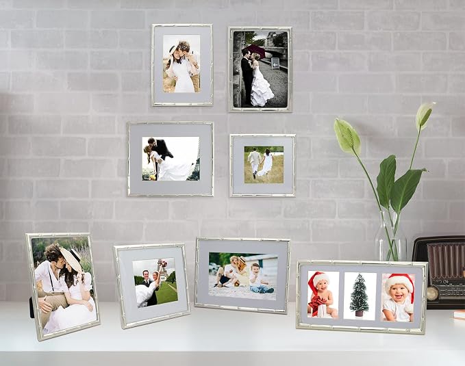 YiPinYin Silver 5x7'' Bamboo Detail Double Metal Picture Frame,Elegant Elegant Narrow Profile Silver Plated Photo Frames With Soft Velvet Backing for Desktop and Shelf Decor