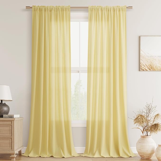 Yellow Linen Curtains 108 Inch Length for Living Room Bedroom 2 Panels Set Rod Pocket Light Filtering Semi Sheer Window Curtains 52 Inch Width Boho Farmhouse Linen Drapes, W52xL108