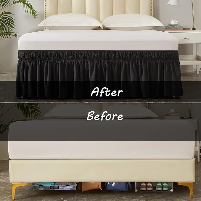 MEILA Wrap Around Elastic Bed Skirt for Queen & King Beds, 12" Drop, Black | Three-Side Adjustable Elastic Dust Ruffle, Ruffled Polyester Fabric, Easy to Install, Fade Resistant & Machine Washable