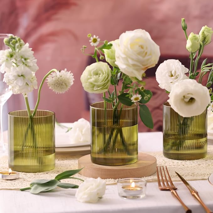 6 Green Ribbed Cylinder Glass Vases for Wedding Centerpieces & Table Decor | Green Ribbed Borosilicate Glass Vases Bulk, Hurricane Candle Holders for Wedding Centerpieces & Home Decor