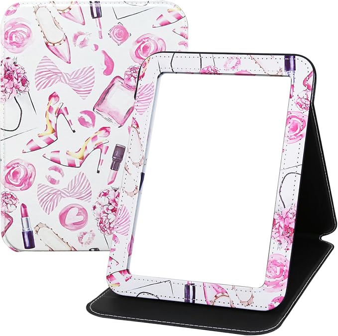 Portable Folding PU Leather Makeup Mirror with Adjustable Stand Large, Rectangular Desktop Vanity Mirror with Rounded Corners for Travel, Camping, Office, 7x9 Inches