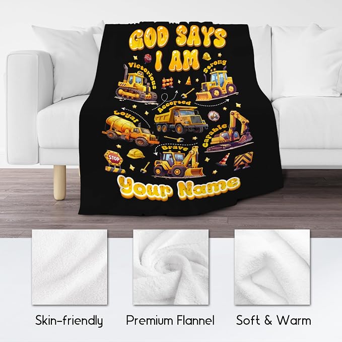 Personalized Boys Truck Blanket, Gifts for Toddler Sons, Fleece Cozy Throw for Sofa, Excavator Kids Inspirational Gifts, 30"x40"