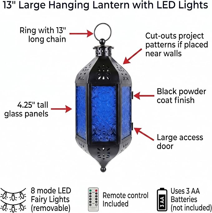 Vela Lanterns Hanging Moroccan Lantern with LED Twinkle Fairy Lights - Exotic Decorative Patio & Porch Decor, Indoor Outdoor Candle Lamp Holder with Chain (13" Large, Cobalt Blue Glass)