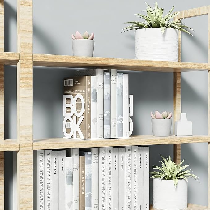 Book Ends - Decorative Metal Book Ends Supports for Bookrack Desk,Books, Unique Appearance Design,Heavy Duty (White, 4 Pair)