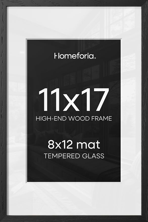 Homeforia 11x17 Black Oak Picture Frame, High-End Wood, 8x12 Mat, Glass