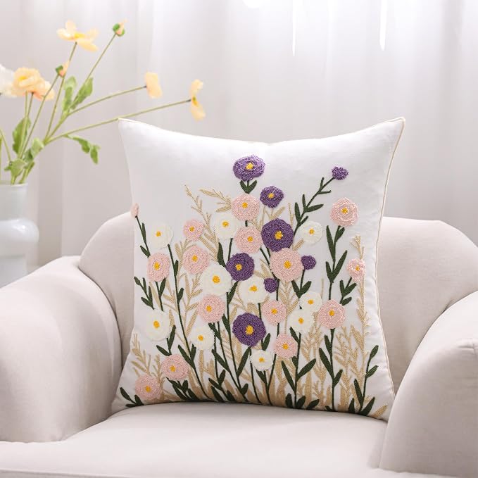 Embroidered Throw Pillow Covers 18x18 Pack of 2 Floral Pillow Covers Farmhouse Pillowcases Outdoor Garden Cushion Case Summer Decorations for Home (Purple and Pink Flower)