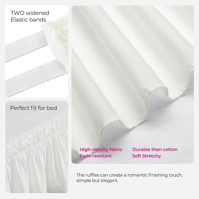 Dorm Bed Skirt Twin XL 46" Drop, College Dorm Essentials, Warm White | Solid ruffled, Wrap-around/elastic, Wrinkle & Fade resistant, with Adhesive Strips, Gift Packed, Machine Wash/Tumble Dry/Iron
