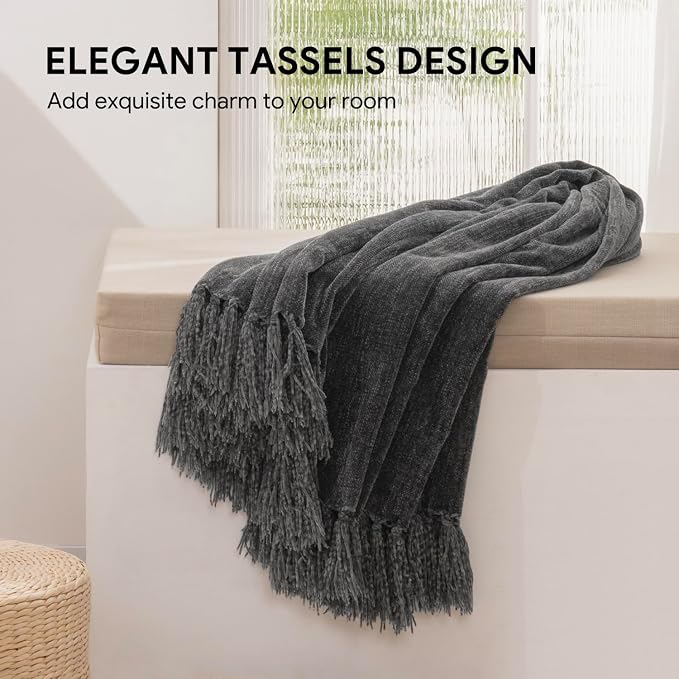 RECYCO Chenille Throw Blanket for Couch, 50"x60", Dark Gray | Super Soft Knit Throw Blanket with Fringe Tassels, Lightweight Knitted Throw, Cozy, Ideal for Sofa Chair Bed Living Room Gift