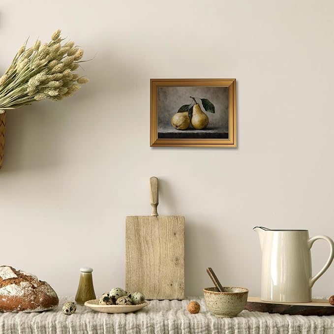 Vintage Gold Framed 3D Textured Wall Art Rustic Pear Still Life Wall Decor Picture Country Farmhouse Kitchen Antique Fruit Poster Cottagecore Aesthetic Print for Gallery Home Decoration 12x16in