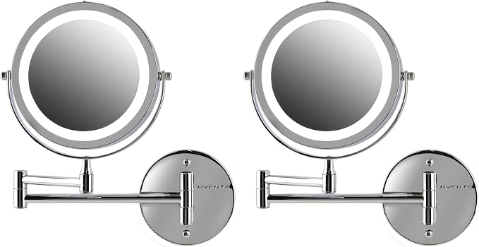 OVENTE 6.8" Lighted Wall Mount Makeup Mirror, 1X & 7X Magnifier, Adjustable Double Sided Round LED, Extend, Retractable & Folding Arm, Compact & Cordless, Battery Powered Polished Chrome MFW70CH1X7X