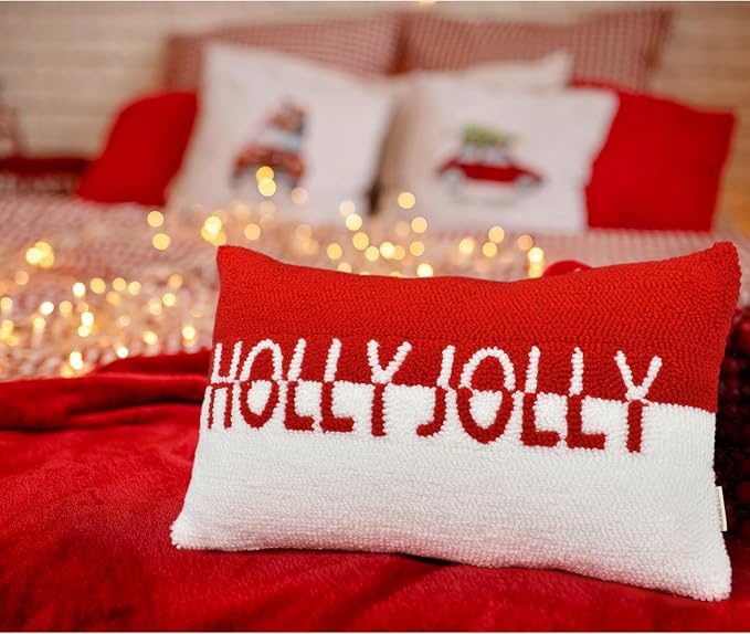 Holly Jolly Christmas Pillow Covers, 12x20, Hooked Wool Embroidered Throw Pillows for Home, Red & White