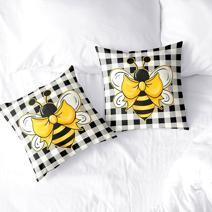Cute Honey Bee Throw Pillows Case 24x24 Pack of 2 Buffalo Plaid Pillow Cover Spring Summer Pillows for Couch Cotton Blend Soft Touch Home Decor for Living Room Sofa