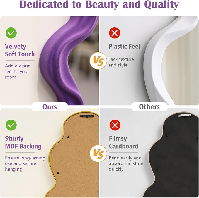 Purple Wavy Cloud Wall Mirror for Girly Bedroom Dorm Vanity Decor | 16x10",Soft Velvet-like Touch,Funky Decorative Mirrors for Modern Vintage Home Office Living Room Housewarming Birthday Gift