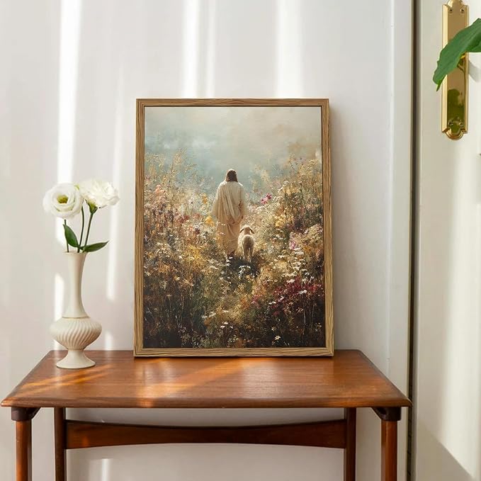 Jesus Leaves the 99 Sheep Wall Art Jesus and Lamb Wall Decor Pictures Christian Religious 3D Hand Drawn Sandstone Poster Painting Prints for Bedroom Living Prayer Room 16x24 inch Wood Framed