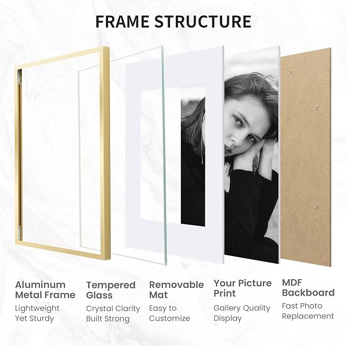 11x14 Picture Frame Gold, Aluminum Metal 11 x 14 Frame with Removable Mat, 11 by 14 Gold Photo Frame Matted to 8x10 Photo, Real Tempered Glass for Home and Office Gallery Wall, 1 Pack