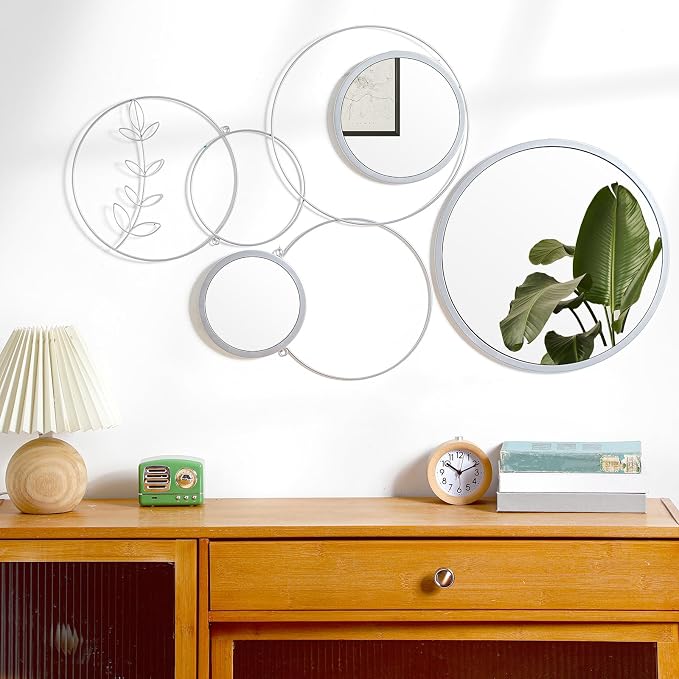Hicarer 4 Pcs Wall Mirror Decoration Round Decorative Mirrors 41.34'' x 17.72'' Metal Overlapping Mirror Decoration for Home Living Dining Room Kitchen Entryway Office Bedroom Wall(Silver)