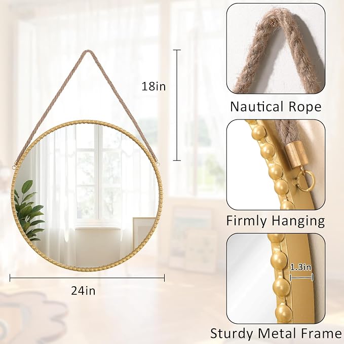 Circle Hanging Mirror Metal Framed Modern Wall Decorative Hanging Mirror Round Mirrors with Hanging Rope and Beaded for Bathroom Living Room Gold 24"
