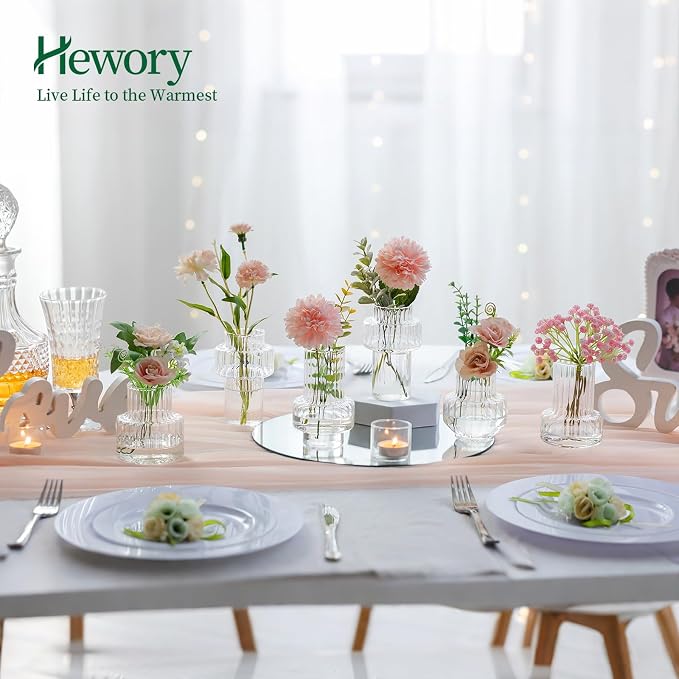 Hewory Ribbed Bud Vases for Centerpieces: 16PCS Small Flower Vases Bulk | Modern Glass Jars for Wedding Table Decor, Assorted Clear Floral Arrangement, Mini, Fluted, Pleated, Set