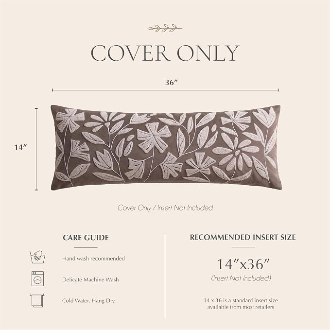 BlissBlush Long Lumbar Pillow Cover 14x36 for Bed, Taupe Brown Floral Tufted Velvet Accent Oversize Throw Pillowcase for Bedroom, Cover Only