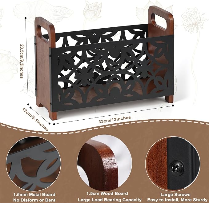 Magazine Holder,Oak Wood Magazine Rack Floor,Lotus Pattern | Rustic Magazine File Holder Organizer,Decorative Magazines Storage Basket for Books,Newspapers,Mails,Files