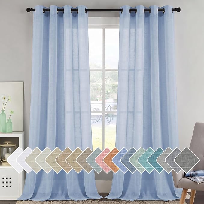 H.VERSAILTEX Linen Curtains Flax Linen Blended Curtain Panels for Living Room/Bedroom Semi Sheer Privacy Curtains 120 inch Length 2 Panels Set Nickel Grommet Window Drapes, Chambray Blue