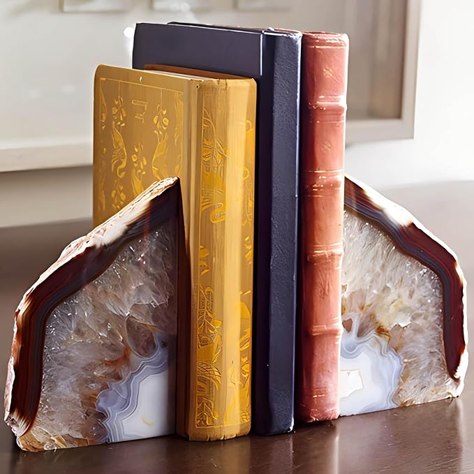Agate Geode Bookends Heavy Duty Natural Crystal Stone Book Holders Decor | Polished Stone Book Stoppers Supports Home Office Decor with Rubber Bumpers Natural Brown 1 Pair, 2-3 LBS