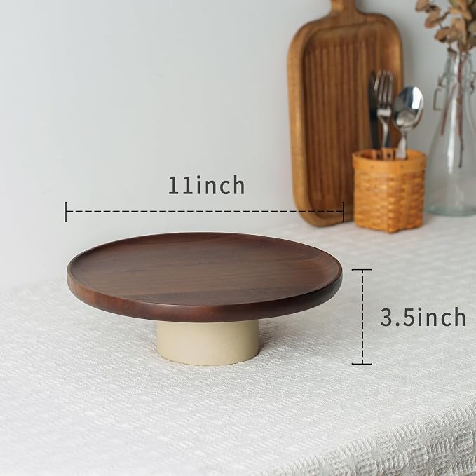 CEEFU 11 inch Rustic Acacia Wood Cake Stand Wedding Dessert Display | Natural Wooden Clay, Farmhouse Serving Stand for Cupcake Dessert Bites Display in Party, Birthday, Beautiful Kitchen Decor