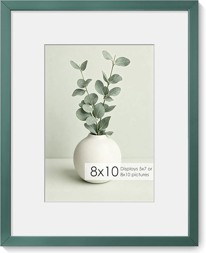 Fun Memories 8x10 Inch Metal Picture Frame - Aluminum Photo Frames - 5x7 Mat - Ideal for Wall or Tabletop Display - Wall Hook Hanging Hardware Included - Green - Set of 1