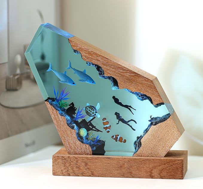 Handcrafted Shark Resin Ocean Lamp with Wooden Base