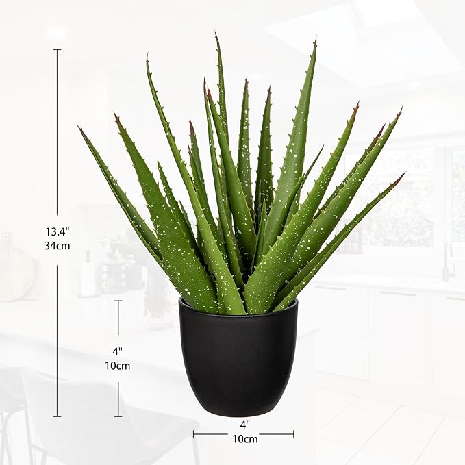 GnFlus Fake Succulent Aloe Vera Plants 13.4 Inch Large Artificial Succulents with Black Pot Faux Aloe Potted Plant for Desk Modern Home Office Bedroom Living Room Table Shelf Decor