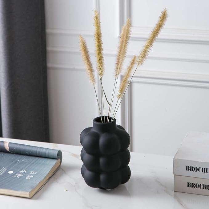 Mowtanco Black Ceramic Vase, Modern Small Vase for Centerpiece 6.7" Tall | Boho tabletop decor accent vase for dried flowers, centerpiece for living room bedroom shelf, minimalist home decor gift
