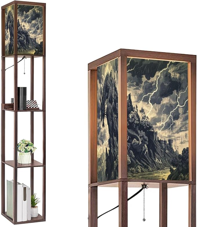 Floor Lamp with Shelves Electric Dragon Crag Gothic Woodcut Illustration Standing Tall Lamp USB Ports & Power Outlet Modern Corner Lamp Nightstand Light for Living Room Bedroom