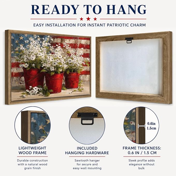 American Flag Framed Canvas Wall Art, 4th of July Floral Canvas Prints | Wildflower Landscape Poster Print, Vintage Rustic Independence Day Wall Decor for Bedroom Living Room Office 6×8in
