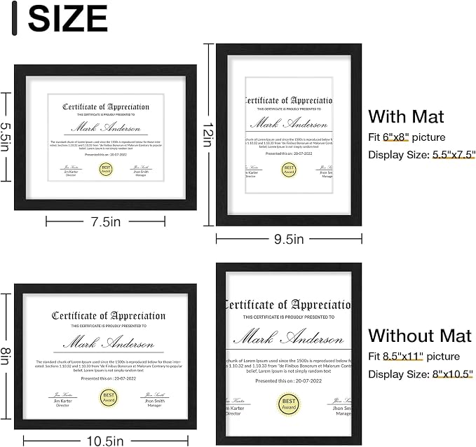 Vittanly 8.5x11 Picture Frames Set of 9 for Wall Mount or Tabletop, Black | Certificate Frame Display Pictures 6x8 with Mat or 8.5x11 without Mat, Diploma Document Degree Frames, Engineered Wood